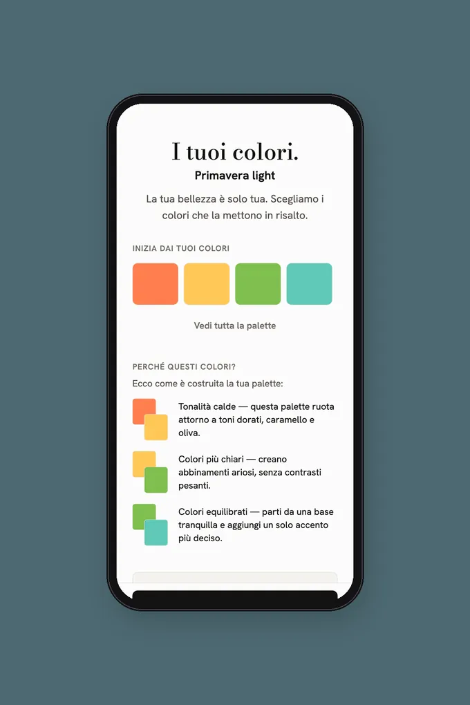 App di armocromia con il risultato della stagione e la palette personale