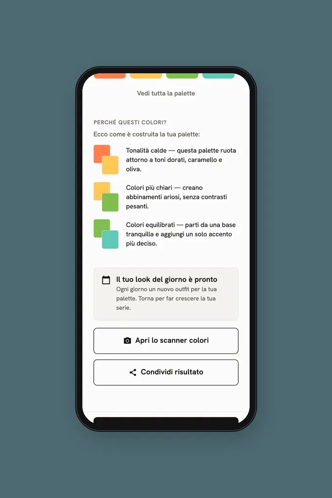App di armocromia con il risultato della stagione e la palette personale